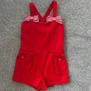 Janie and Jack Red Romper with Gingham Bows